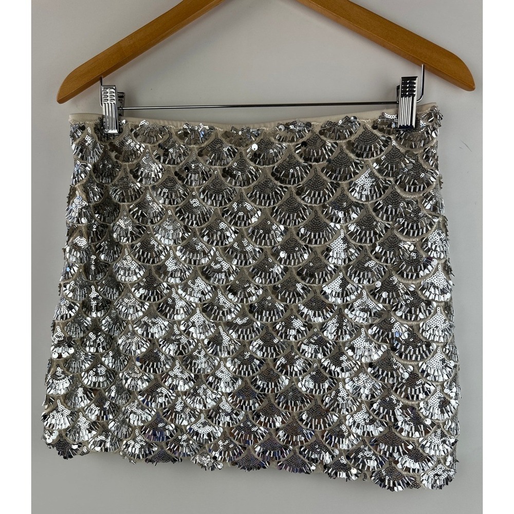 Sans Souci Silver Scalloped Sequin Mini Skirt Womens Large Art Deco Fan Party - Picture 8 of 11
